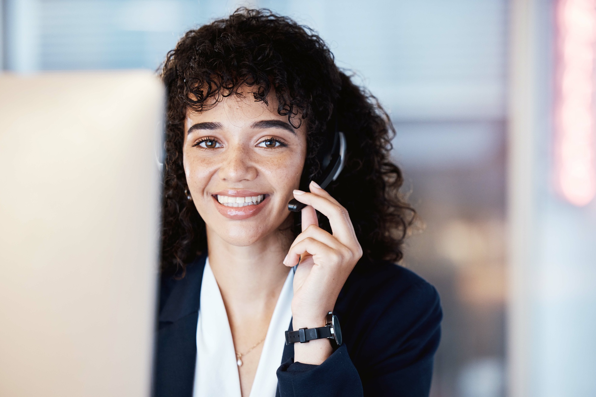 Portrait, call center consultant and black woman working on lead generation on a office call. Custo